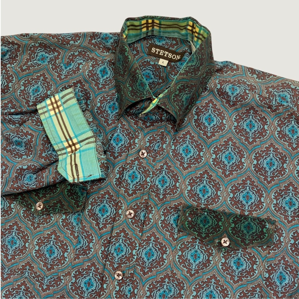 Stetson Mens L Button Down Shirt Teal Brown Paisley Medallion Western Cotton